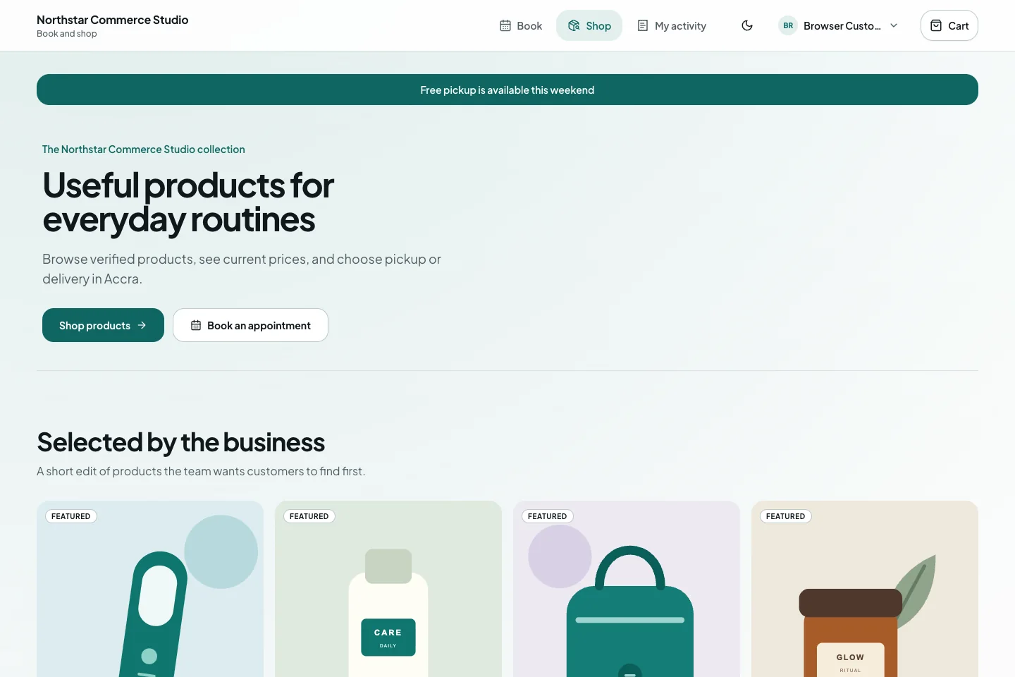 KullGrid customer shop for a fictional studio with featured products, GHS prices, and shop and booking actions.