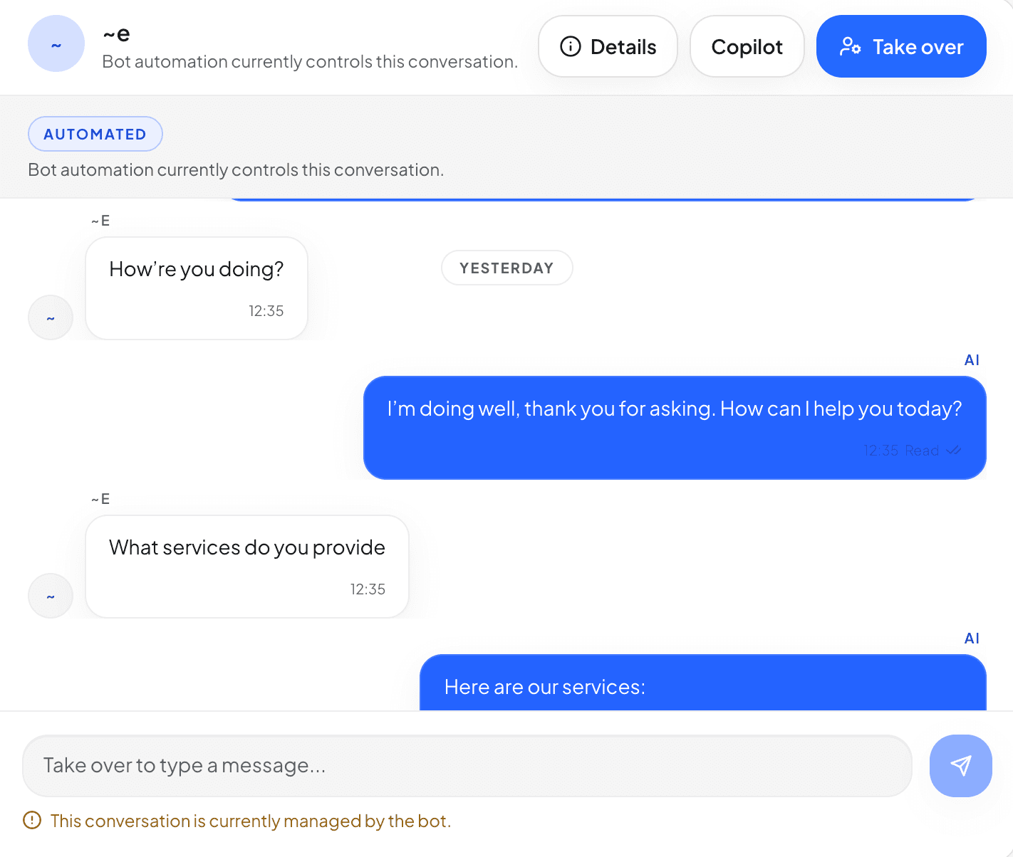 KullGrid Inbox conversation handled by the assistant, with Details, Copilot and Take over controls.